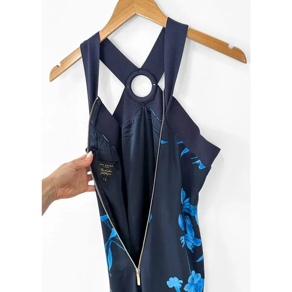 Ted Baker Navy Blue Fantasia Bodycon Halter Floral Dress (TB 2 or US 6) - Picture 5 of 10